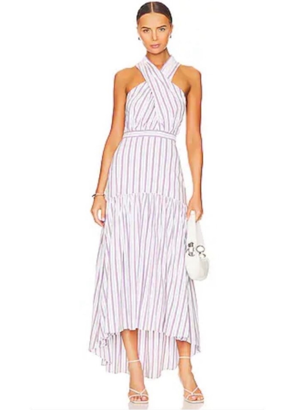 Veronica Beard Pink and White Striped High-Low Halter Dress